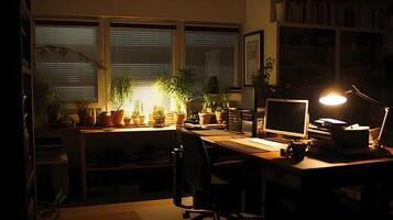 pessoal escritório às noite hora com cheio do verde plantar. ai gerado. foto