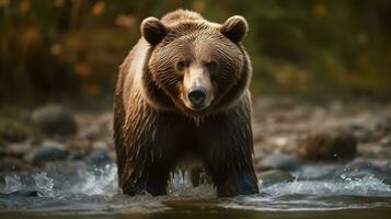 pequeno grisalho Urso às a rio alimentando e pegar a peixe. ai gerado. foto