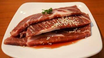 fresco carne ou carne de porco carne bife com manteiga soja presente dentro uma branco prato para grade ou churrasco. japonês wagyu carne bife. foto