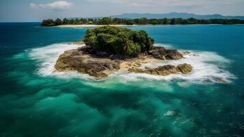 uma pequeno ilha com árvores dentro a meio do a azul água oceano. ai gerado. foto