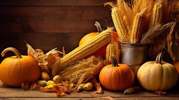 Ação de graças e a colheita festa dia, uma dia do dando obrigado para a bênçãos do a colheita e do a precedente ano. uma mesa cheio do comida, vegetal e fruta. ai gerado. foto