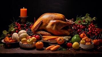 Ação de graças e a colheita festa dia, uma dia do dando obrigado para a bênçãos do a colheita e do a precedente ano. uma mesa cheio do comida, vegetal e fruta. ai gerado. foto