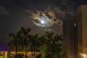 lua cheia dramática maravilhosa com nuvens atrás das palmas das mãos playa mexico. foto
