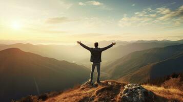 positivo homem a comemorar com braços elevado acima às montanha panorama às pôr do sol, generativo ai foto