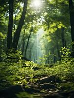 verde floresta árvores com Sol raio fundo, generativo ai foto