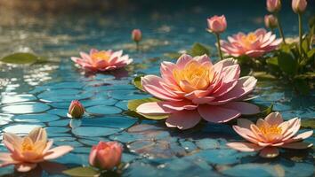 ai gerado Rosa lótus flor em a água dentro a piscina com reflexão foto