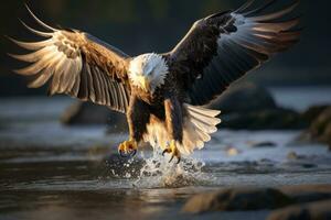 vôo lâmina Águia acima a lago, Haliaeetus leucocefalia. generativo ai foto