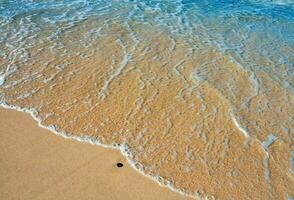 uma pequeno Rocha é sentado em a areia Próximo para a oceano foto