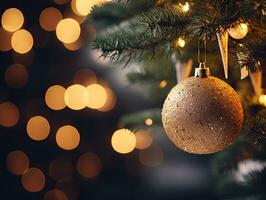 ai gerado ouro brilhar Natal bugiganga em uma bokeh luzes fundo foto