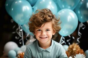 feliz jovem Garoto com encaracolado cabelo sorridente alegremente às uma aniversário festa, cercado de luz azul balões e festivo decorações. ai generativo foto
