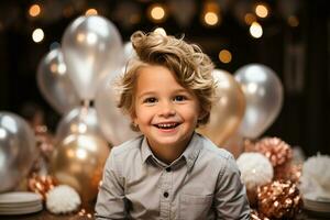 sorridente jovem Garoto com encaracolado cabelo desfrutando dele aniversário festa, cercado de metálico balões e brilhando fundo luzes, alegre festivo atmosfera. ai generativo foto