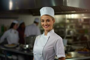 mulher chefe de cozinha sorridente dentro frente do cozinha foto