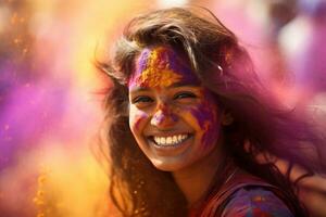 feliz indiano menina sorridente às piedosos festival indiano cultura foto