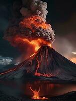ai generativo vulcão erupção com maciço Alto rajadas do lava e quente nuvens subindo Alto para dentro a céu, piroclástico fluxo dentro Ásia krakatoa foto
