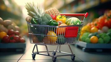 frutas e legumes dentro compras carrinho foto