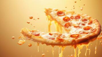 fatia do pizza queda para dentro a ar em uma Sombrio fundo. foto