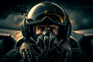 retrato do uma piloto dentro uma capacete e gás mascarar contra a fundo do a avião foto