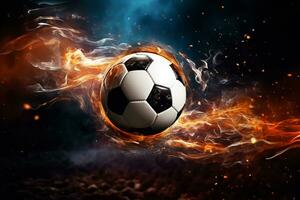futebol bola dentro fogo chamas em a fundo do a estádio. foto