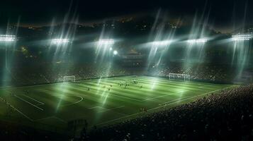 futebol estádio às noite com brilhante luzes foto