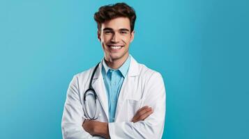 sorridente jovem masculino médico olhando às Câmera isolado em azul fundo foto