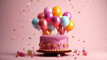 aniversário bolo com queimando velas e colorida balões em de madeira mesa, fechar-se foto