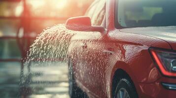 ai gerado generativo ai, carro lavar com espuma sabão, Alto pressão veículo máquina de lavar máquina sprays espuma, auto serviço foto