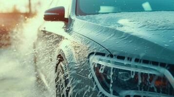 ai gerado generativo ai, carro lavar com espuma sabão, Alto pressão veículo máquina de lavar máquina sprays espuma, auto serviço foto