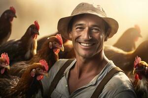 masculino agricultor em frango Fazenda dentro a dia com generativo ai foto