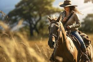 uma fêmea agricultor é equitação uma cavalo dentro a floresta dentro a dia com generativo ai foto