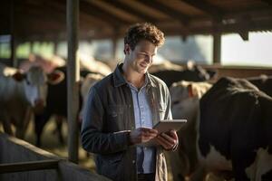 uma homem segurando uma tábua para Verifica Produção dentro uma gado Fazenda com generativo ai foto