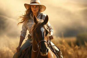 uma fêmea agricultor é equitação uma cavalo dentro a floresta dentro a dia com generativo ai foto