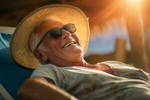 Senior masculino turista banhos de sol em espreguiçadeira às mar durante dia com generativo ai foto