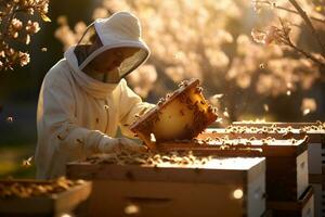 uma apicultor coleta colmeias a partir de uma abelha caixa com generativo ai foto