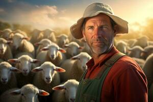 masculino agricultor em ovelha Fazenda dentro a dia com generativo ai foto