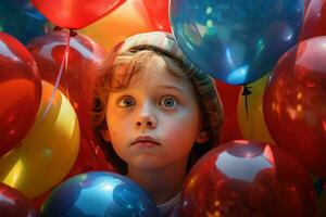 retrato do uma jovem Garoto entre colorida balão, ai generativo foto