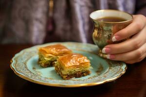 turco deserto baklava com chá, ai generativo foto