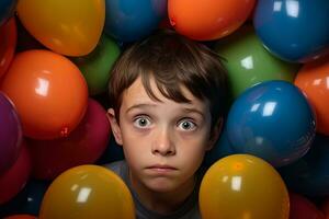 retrato do uma jovem Garoto entre colorida balão, ai generativo foto