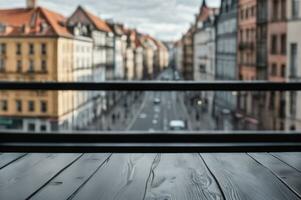 ai gerado Preto de madeira mesa dentro frente do janela com borrado rua Visão fundo ai gerado foto