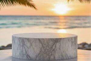 ai gerado esvaziar branco mármore minimalista moderno arredondado pódio com borrado de praia fundo às alvorecer ou crepúsculo ai gerado foto