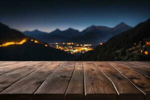 ai gerado esvaziar de madeira mesa com bokeh cidade luzes, borrado montanhas pico, e Colina Visão cenário fundo às noite ai gerado foto