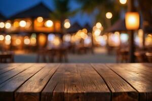 ai gerado esvaziar de madeira mesa com bokeh luzes e borrado de praia cafeteria recorrer fundo às noite ai gerado foto