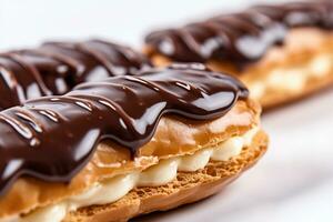 chocolate eclairs em uma branco fundo, ai gerado foto