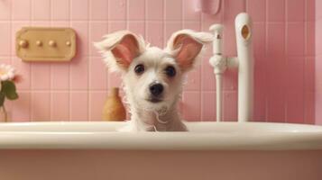 ai generativo fofa pequeno cachorro levando uma banho dentro uma Rosa banheiro. 3d Renderização foto