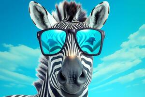 ai generativo engraçado zebra vestindo oculos de sol e olhando às a Câmera. 3d Renderização foto