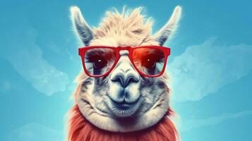 ai generativo engraçado alpaca vestindo vermelho oculos escuros. retrato do engraçado lhama. foto