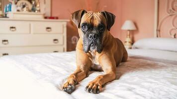 fofa boxer cachorro deitado em barriga sobre cama dentro acolhedor quarto foto