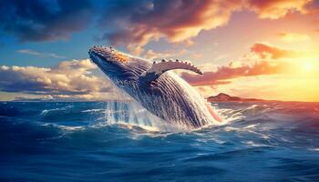 corcunda baleia pulando Fora do a água às pôr do sol, a baleia é pulverização água e pronto para outono em Está costas foto