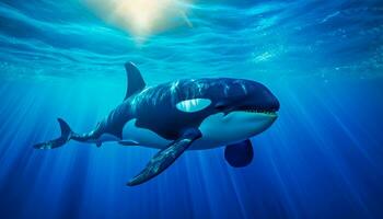 assassino baleia Orcinus orca embaixo da agua fechar acima olhando para presa exposto para luz solar foto