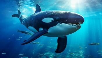assassino baleia Orcinus orca embaixo da agua fechar acima olhando para presa exposto para luz solar foto