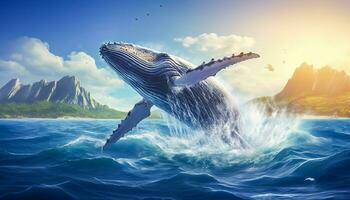 corcunda baleia pulando Fora do a água às pôr do sol, a baleia é pulverização água e pronto para outono em Está costas foto